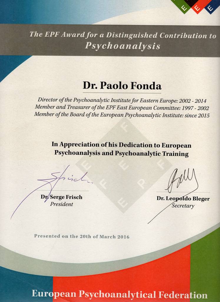 EPF Award for Distinguished Contribution to Psychoanalysis - Paolo Fonda 2016
